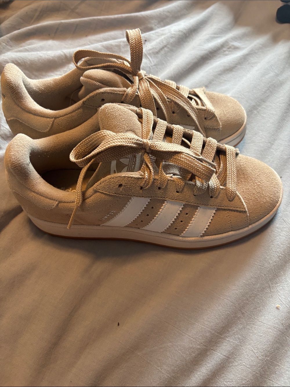 adidas campus woman’s Tan Suede Low-Top Sneakers with White Stripes